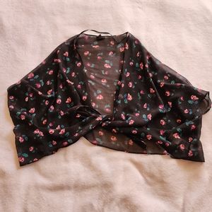 Floral Black and Pink Cropped Kimono